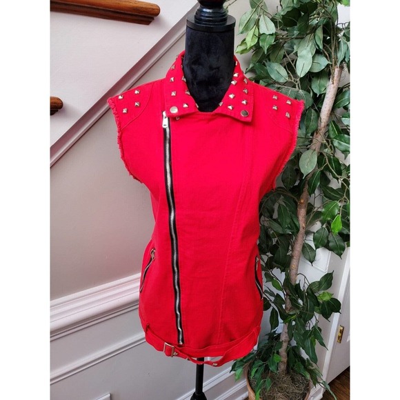 Women's Solid Red Polyester Sleeveless Full Zip Front Casual Jacket Size Small - Picture 11 of 12
